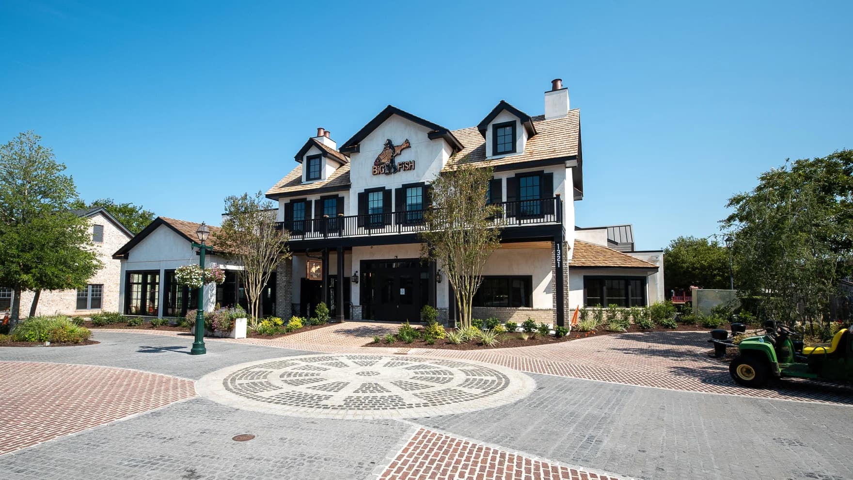 The front of the Big Fish building and main entrance at Broadway at the Beach in daylight
